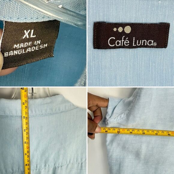 CAFE LUNA SHORT SLEEVE LIGHT BLUE SIZE XL BUTTON UP LINEN COTTON SHIRT - Picture 11 of 14